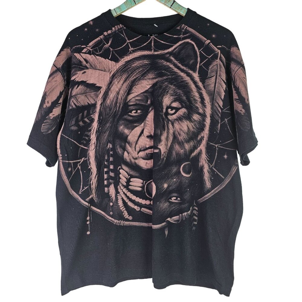 Liquid Blue Native American Wolf Eagle Dreamcatcher All Over Tee, XL